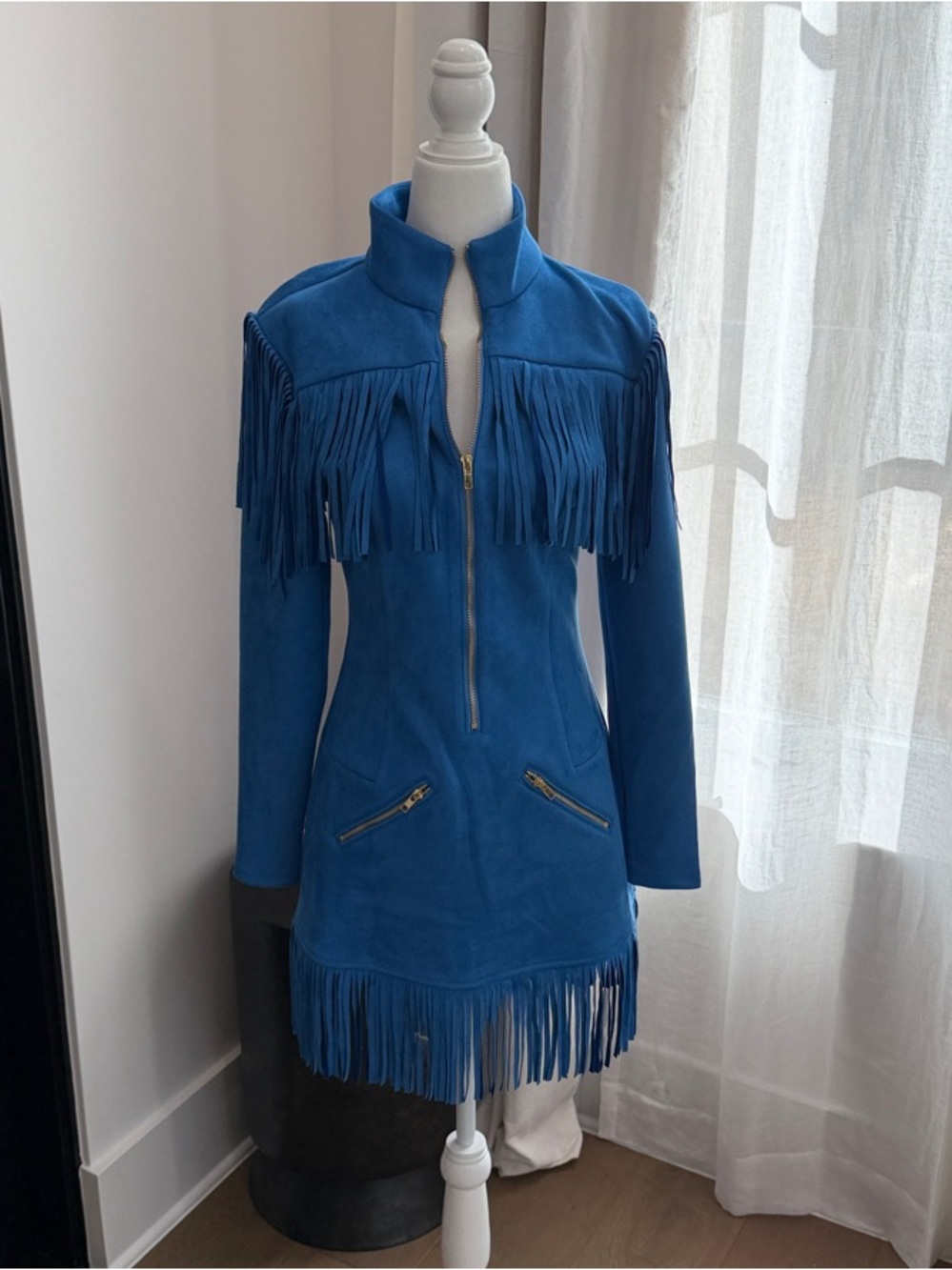 Fringed Blue Suede Leather Jacket Dress